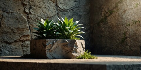 Creative minimal concept. Rock stone block podium with natural green foliage plant shadow background and natural sunlight.
