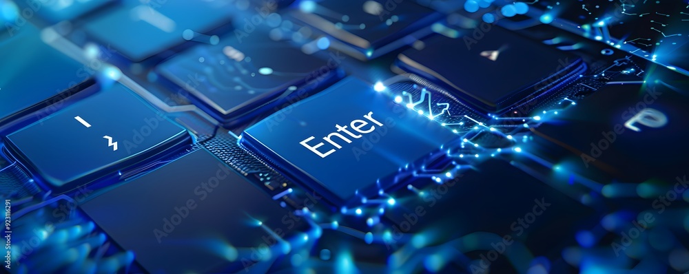 Poster blue illuminated keyboard with enter key in focus