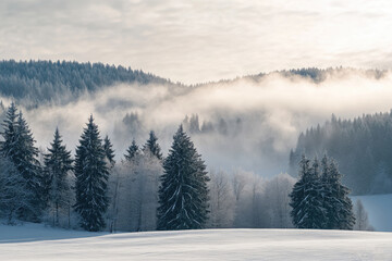 Beautiful Winter Landscape with Snowy Forest and Cloudy soft clouds White Sky. Distant View of Snow Covered Mountain Hillside and Misty Trees