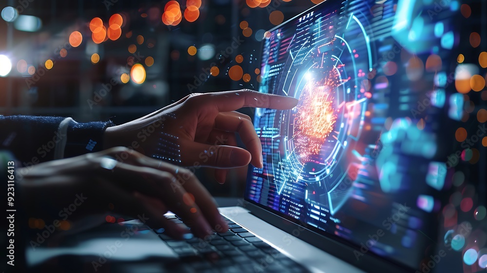 Poster hands interacting with futuristic interface on laptop
