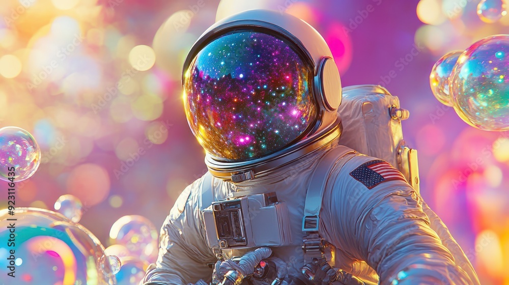 Poster beautiful painting of an astronaut in in a colorful bubbles galaxy on a different planet. generative