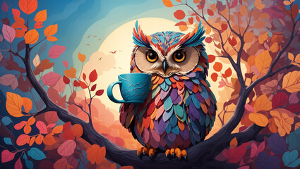 Fototapeta premium This is a picture of an owl holding a cup of tea, sitting on a branch with autumn leaves.
