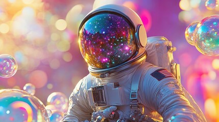 Beautiful painting of an astronaut in in a colorful bubbles galaxy on a different planet. Generative AI. Pop art concept