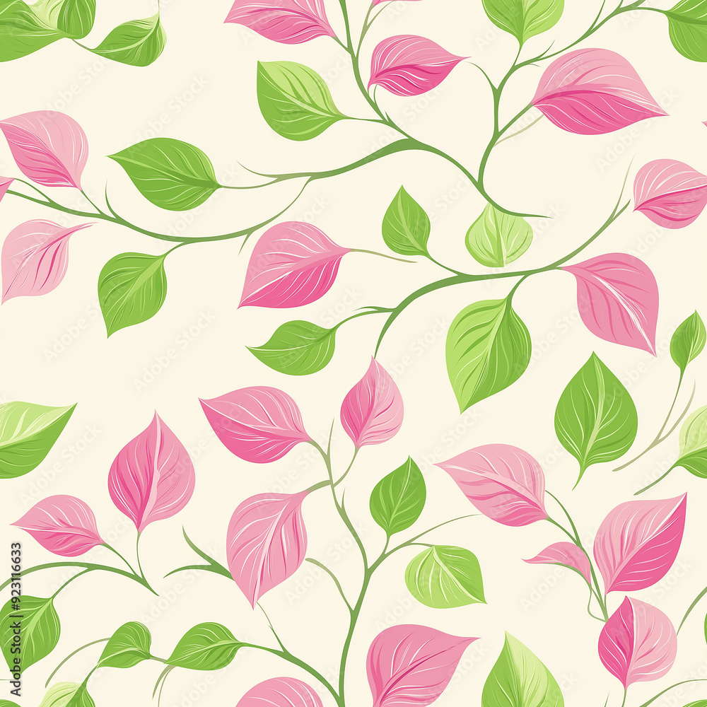 Poster a seamless pattern with pink and green leaves on a cream background. the design is fresh and lively,