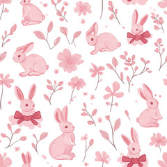 Obraz premium A seamless pattern with adorable pink rabbits and flowers on a white background. The cute design is playful and charming, ideal for children’s decor or themed events.