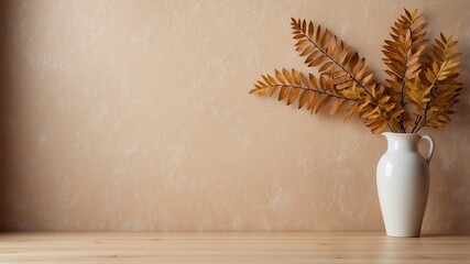 Empty table against beige textured wall background. Composition with glossy leaves on the wall.