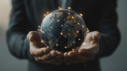 Businessman holding digital globe with connected dots, global network and technology concept, close-up of hands, international connections, modern business