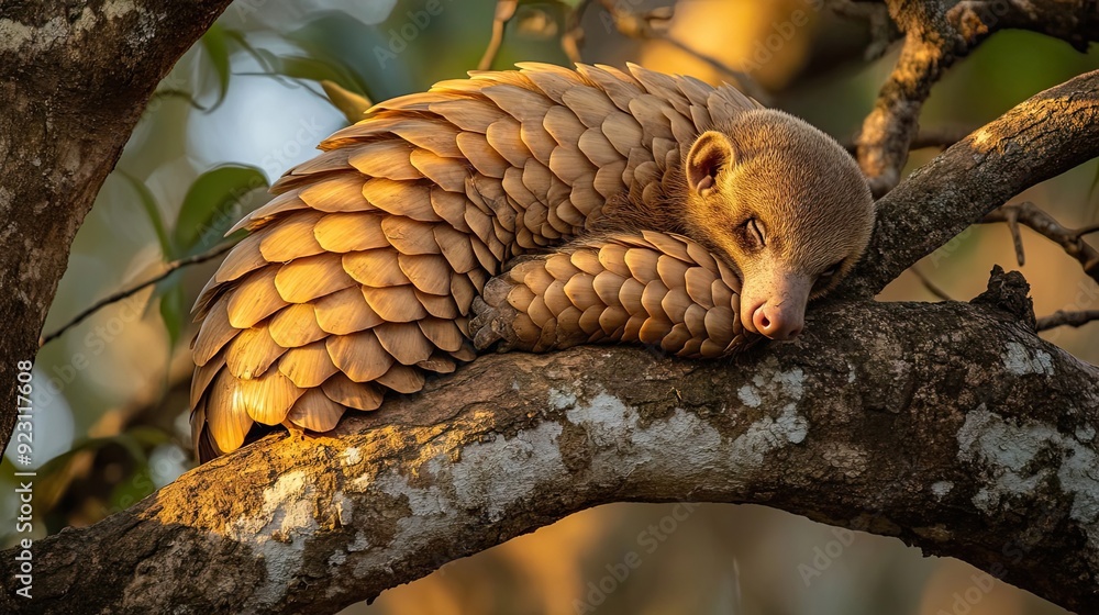 Poster pangolin curled up asleep on a tree branch