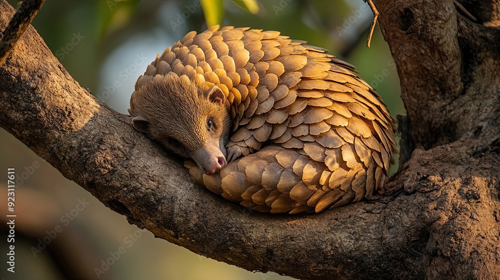 Poster scaly pangolin resting on a tree branch