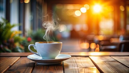 Fototapeta premium A steaming hot cup of coffee with a saucer, adorned with a stylized icon, sits on a modern wooden desk against a blurred background.