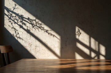 Empty table against beige textured wall background. Composition with glossy leaves on the wall.