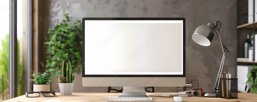 Aufkleber Modern Minimalist Workspace with Blank Computer Screen