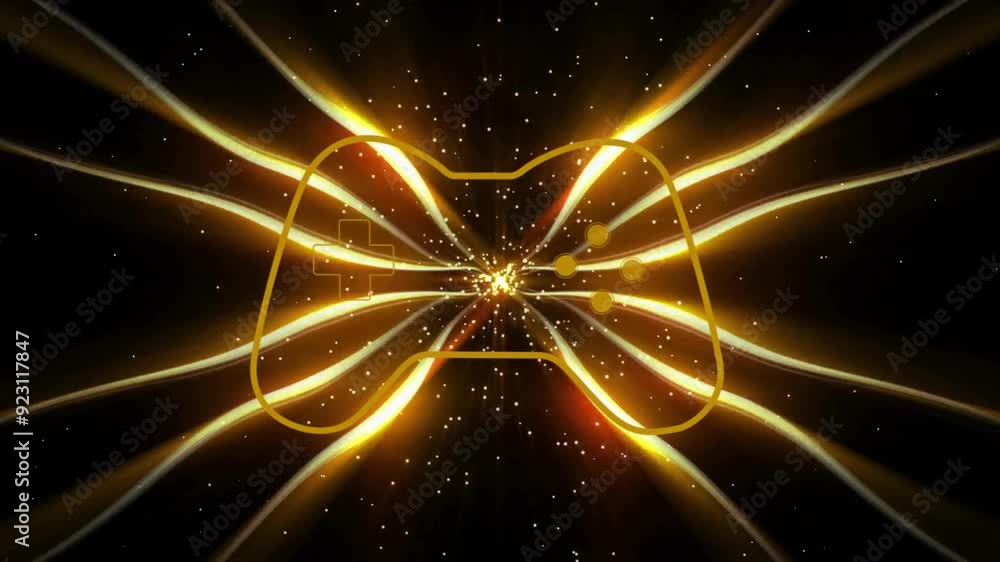 Poster game controller outline with glowing lines and particles, gaming animation