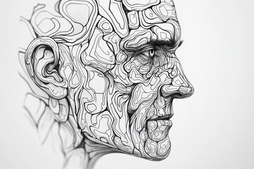 An intricate line art illustration depicting the stylized profile of an aged face, showcasing unique textural patterns.