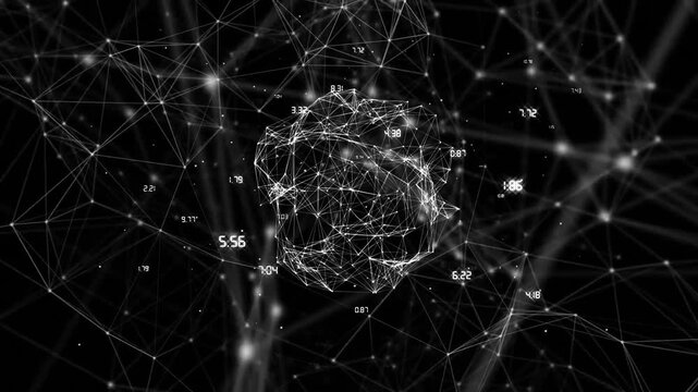 Network of connections and numerical data processing animation over dark background
