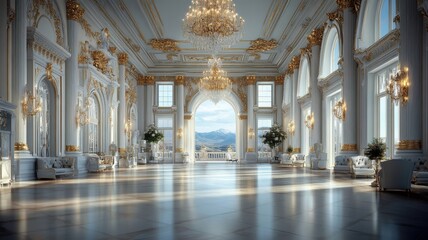 Fototapeta premium Grand ballroom with gold wallpaper, moldings, and crystal chandelier.