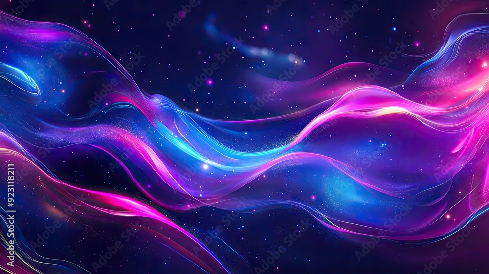 Poster fluid cover design showcasing glowing particles and dynamic liquid flow. trendy eps10 vector illustr
