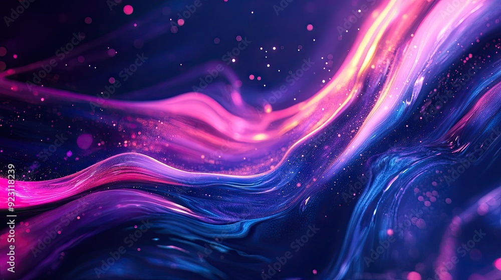 Poster fluid cover design showcasing glowing particles and dynamic liquid flow. trendy eps10 vector illustr