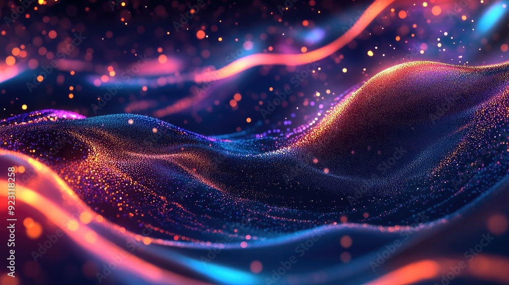 Poster fluid cover design showcasing glowing particles and dynamic liquid flow. trendy eps10 vector illustr