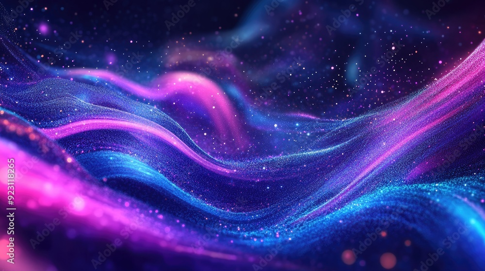 Poster fluid cover design with glowing particles and dynamic liquid flow. eps10 vector illustration for a c