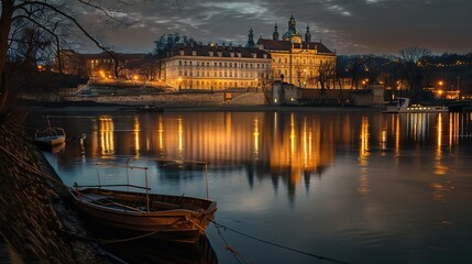 Fototapeta premium A Small Boat Moored at the Water's Edge, with a Reflected View of the City and Buildings in the Distance