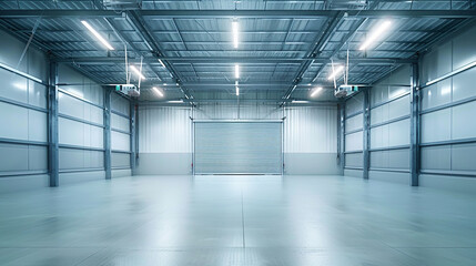 A Large Empty Garage with a High Ceiling and a Metal Door