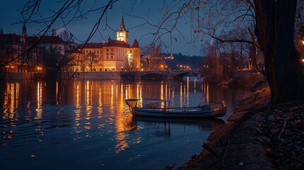 A Boat Docked in a River at Dusk with a Cityscape and Bridge in the Background