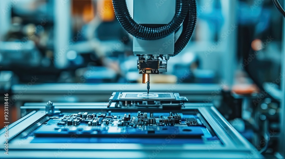 Poster automated manufacturing process with robotic arm soldering a circuit board