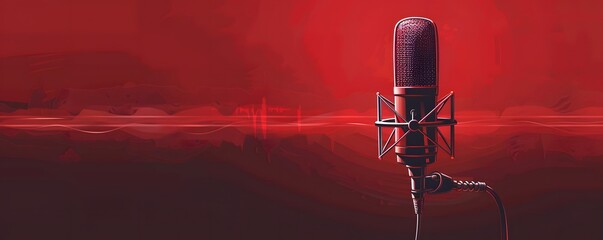A Black Microphone Against a Red Background with Sound Waves