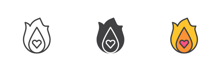 Heart flame different style icon set