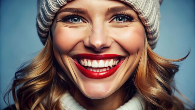 A warm and welcoming facial expression featuring a bright, toothy grin with slightly upturned lips, conveying approachability and genuine warmth.