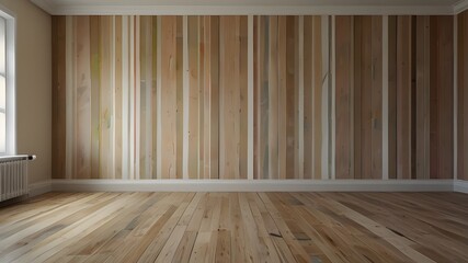fEmpty room with white walls and parquet floor, shits of striped beige wallpaper on the wall with copy space. Housework concept Generative AI