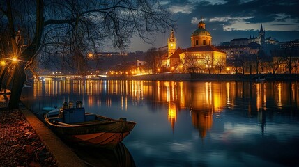 Obraz premium A Boat Moored by a River Under a Night Sky with a Church on the Opposite Bank