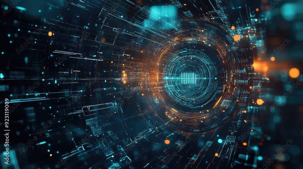 Poster futuristic big data concept with abstract digital art and technology background. hand-drawn style hi