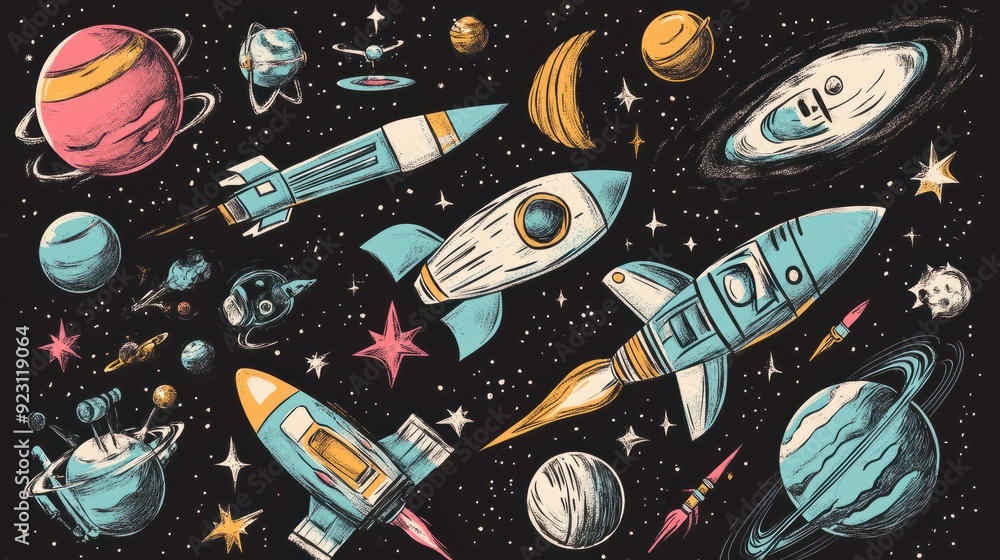 Poster cutee outer space set with doodle spaceships and planets, a collection of naive stellar stickers