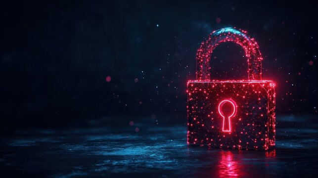 Digital red glowing padlock made of glowing atoms, for computing system on dark blue background, cyber security technology for fraud prevention and privacy data network protection concept