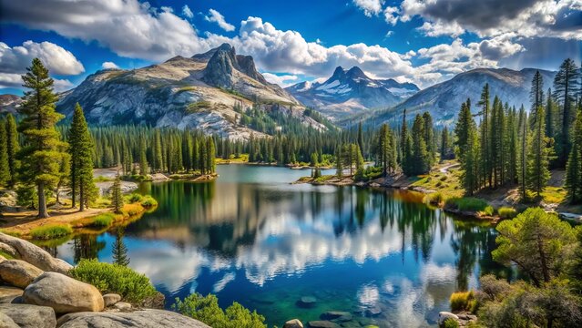 Breathtaking scenery of rugged mountain peaks, serene alpine lakes, and lush forests in Tuolumne County, California, showcasing nature's untouched beauty and tranquility.
