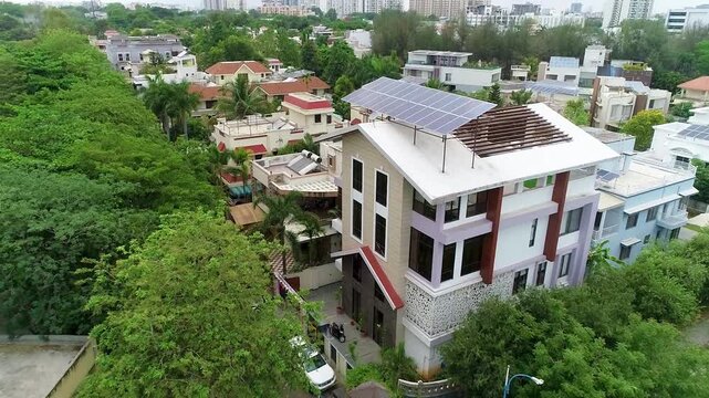 Drone shot of Houses which is in India , one house have solar panels
