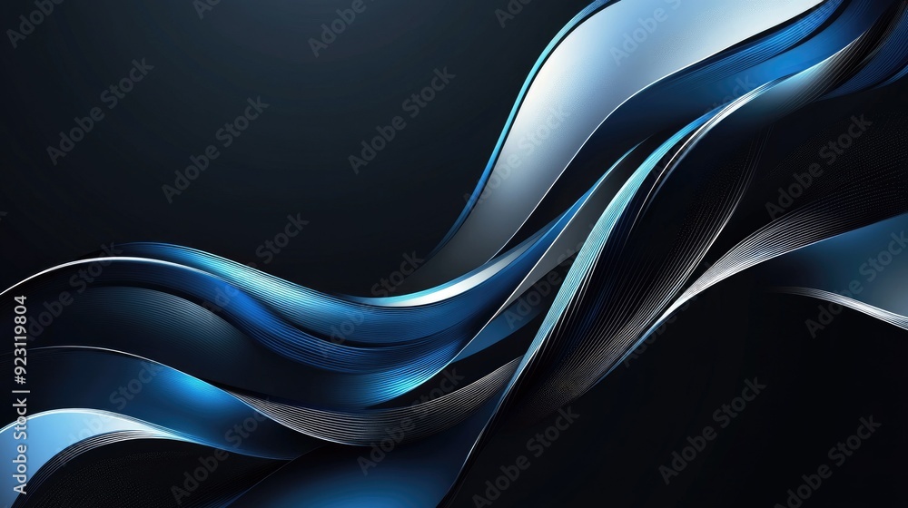 Poster futuristic vector illustration of abstract blue metallic curve lines against a dark grey background.