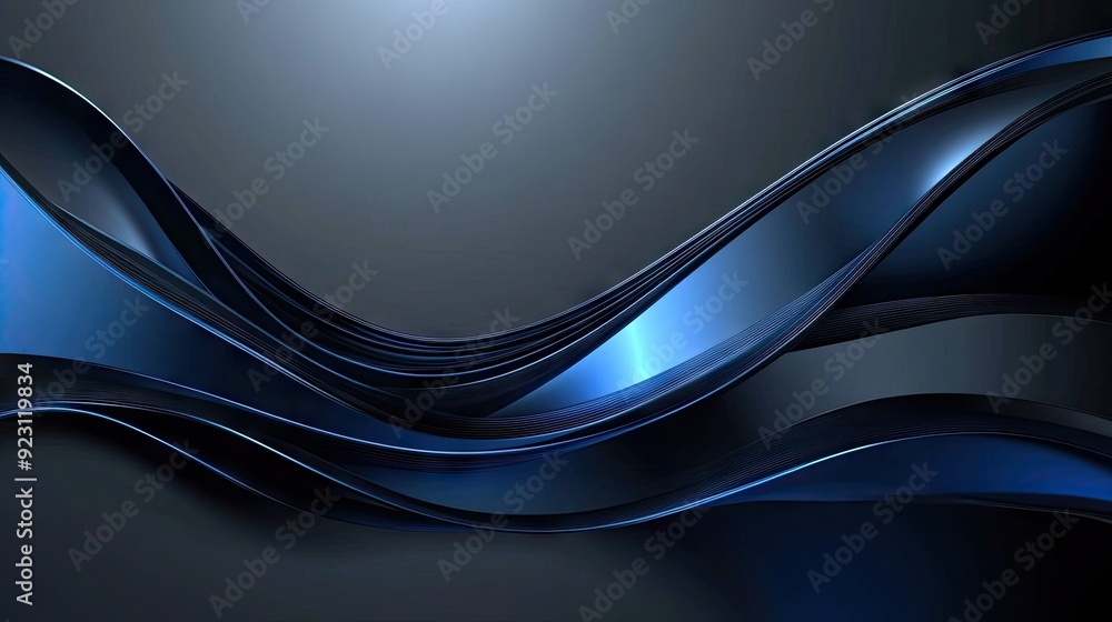 Poster futuristic vector illustration of abstract blue metallic curve lines against a dark grey background.