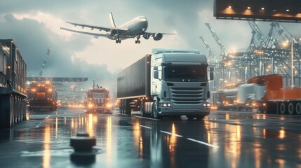dynamic transportation and logistics concept, showcasing various modes of freight transport such as trucking and aviation, integrated with digital connectivity and global networking.