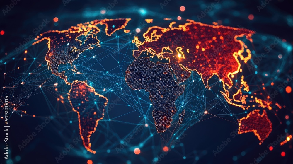 Poster futuristic world map with abstract data connections and telecommunication network lines. vector illu