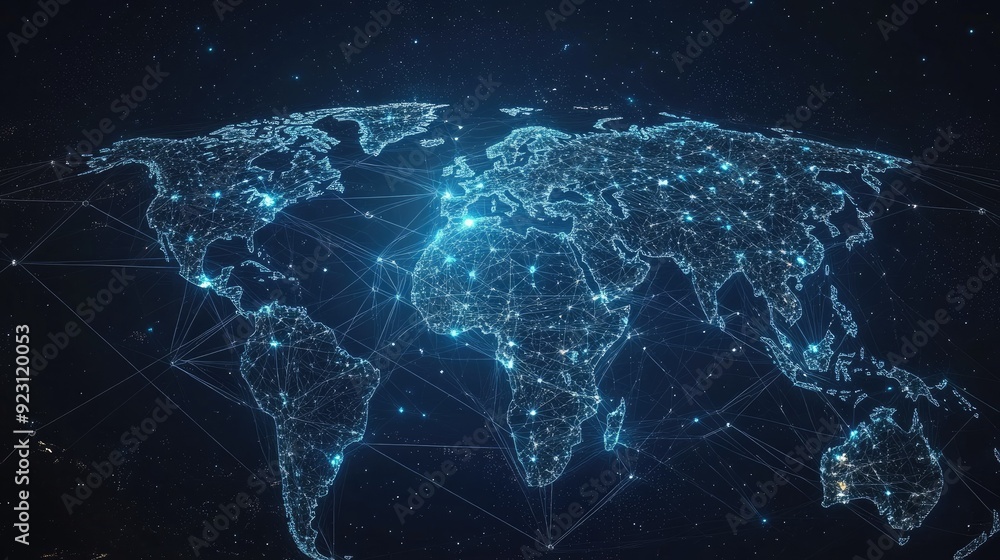 Poster futuristic world map with abstract data connections and telecommunication network lines. vector illu