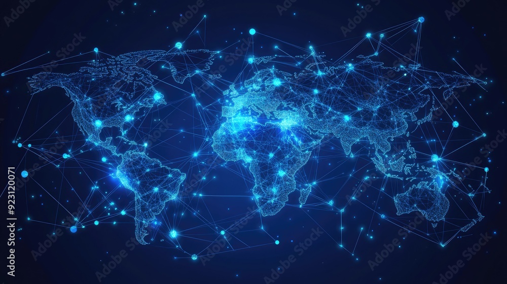 Poster futuristic world map with abstract data connections and telecommunication network lines. vector illu