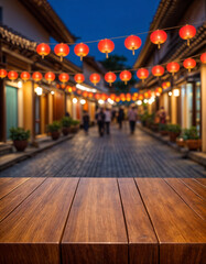 Empty wood table with blur  Mid-Autumn Festival for background.