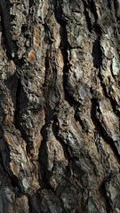 Nature background. Rugged tree bark texture close up showcasing detailed patterns of grooves and ridges in natural light.