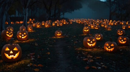 An intricate Halloween setup with life-sized skeletons, flickering lanterns, and elaborate props creating a frighteningly immersive atmosphere