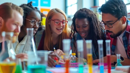 Diverse group of students laughing and enjoying their time in chemistry class while doing experiments and learning about chemical reactions at high school, college or university