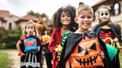 Diverse kids in costumes trick or treat happily on halloween, exploring neighborhood with candy bags, surrounded by houses and jack o lanterns