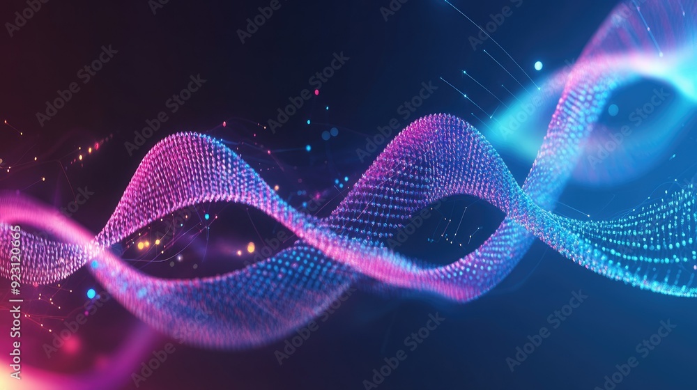 Poster geometric dynamic background featuring dna molecules and wave flows. perfect for science and technol